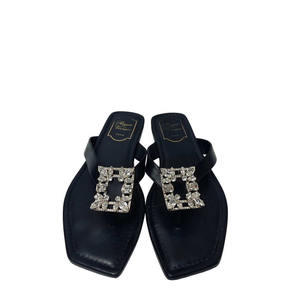 Roger Vivier Black Leather Crystal Buckle Thong Sandals Square Toe 37.5 EU
